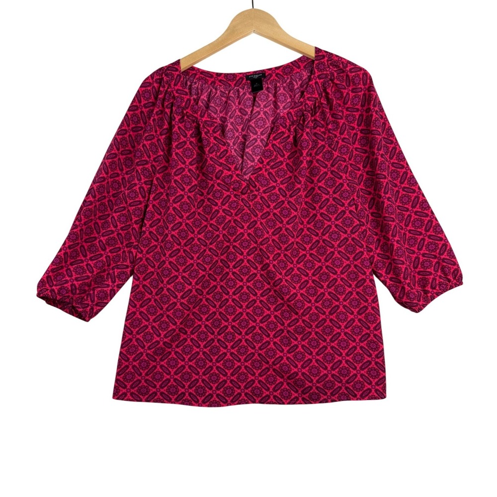 Ann Taylor Geometric Floral Print Long Sleeve Blouse size Medium Red/Violet